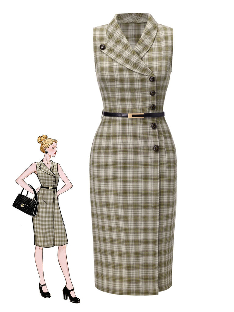 [Vorverkauf] Erbsengrün 1960er Revers Geknöpft Tartan Kleid