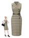[Vorverkauf] Erbsengrün 1960er Revers Geknöpft Tartan Kleid