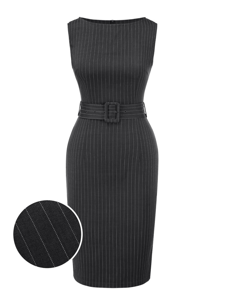 [Vorverkauf] Dunkelgrau 1960er Nadelstreifen Gürtel Bleistift Kleid