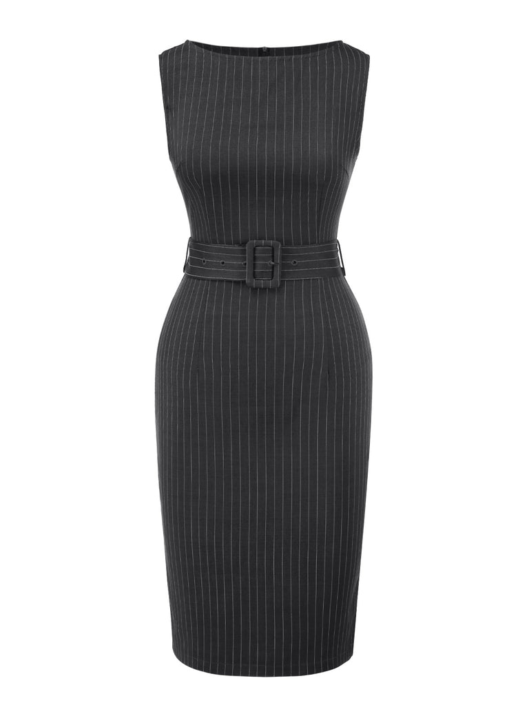 [Vorverkauf] Dunkelgrau 1960er Nadelstreifen Gürtel Bleistift Kleid