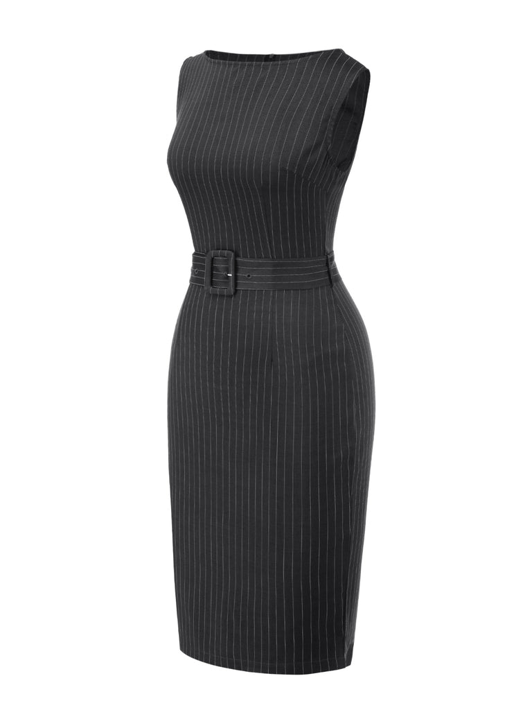 [Vorverkauf] Dunkelgrau 1960er Nadelstreifen Gürtel Bleistift Kleid