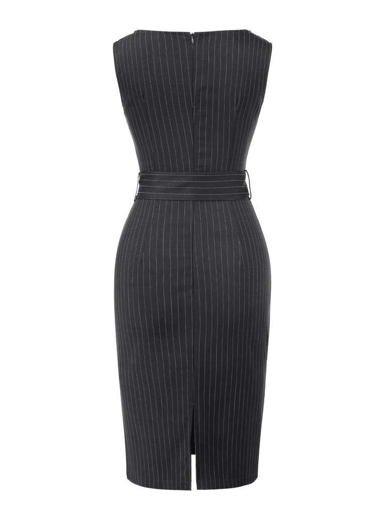 [Vorverkauf] Dunkelgrau 1960er Nadelstreifen Gürtel Bleistift Kleid
