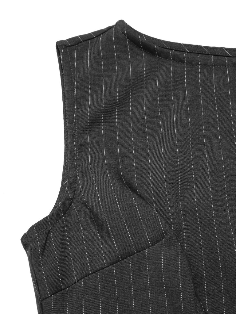 [Vorverkauf] Dunkelgrau 1960er Nadelstreifen Gürtel Bleistift Kleid