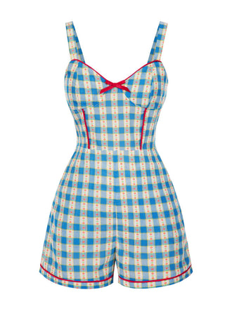 Blau 1950er Bogen Gingham Plaid Blumen Romper