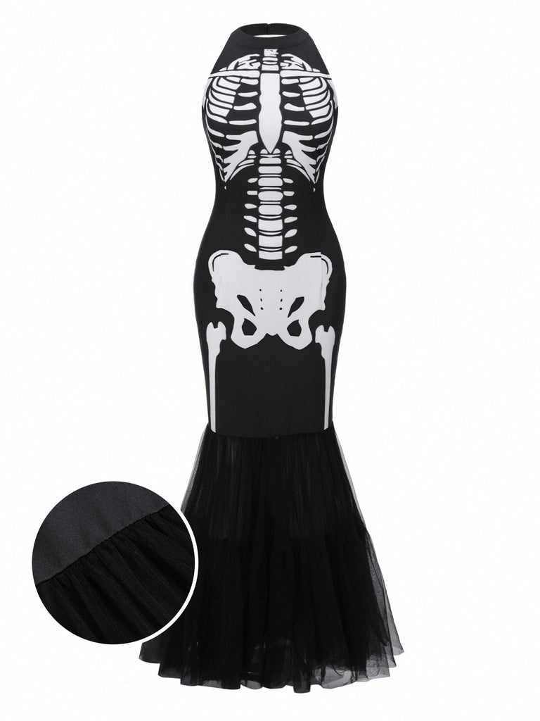 [Vorverkauf] Schwarz & Weiß 1930er Halter Schädel Netz Fischschwanz Kleid
