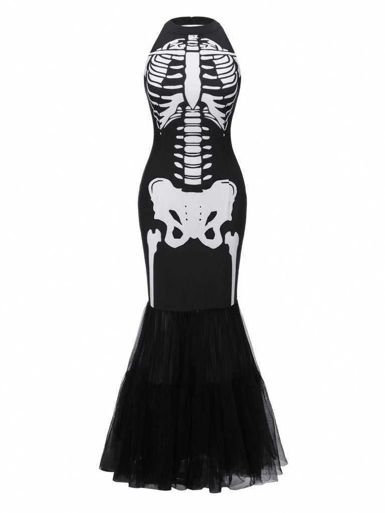 [Vorverkauf] Schwarz & Weiß 1930er Halter Schädel Netz Fischschwanz Kleid