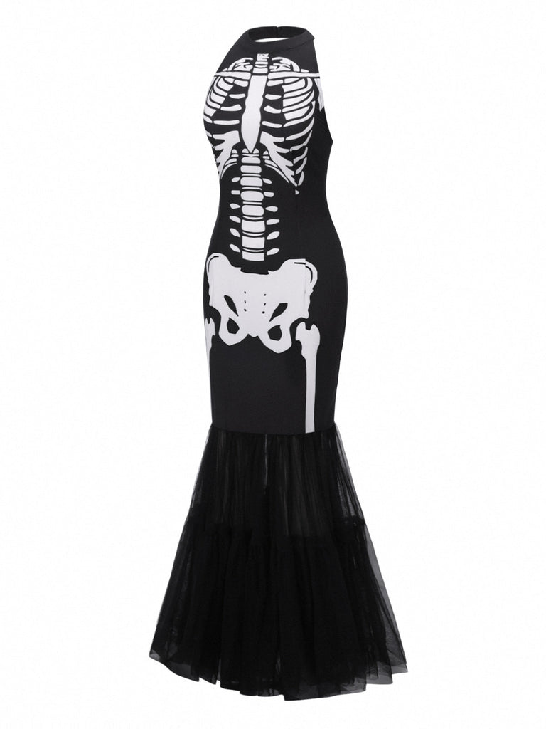 [Vorverkauf] Schwarz & Weiß 1930er Halter Schädel Netz Fischschwanz Kleid