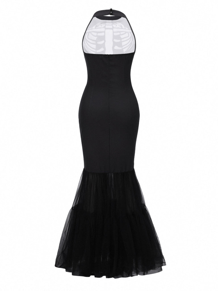 [Vorverkauf] Schwarz & Weiß 1930er Halter Schädel Netz Fischschwanz Kleid