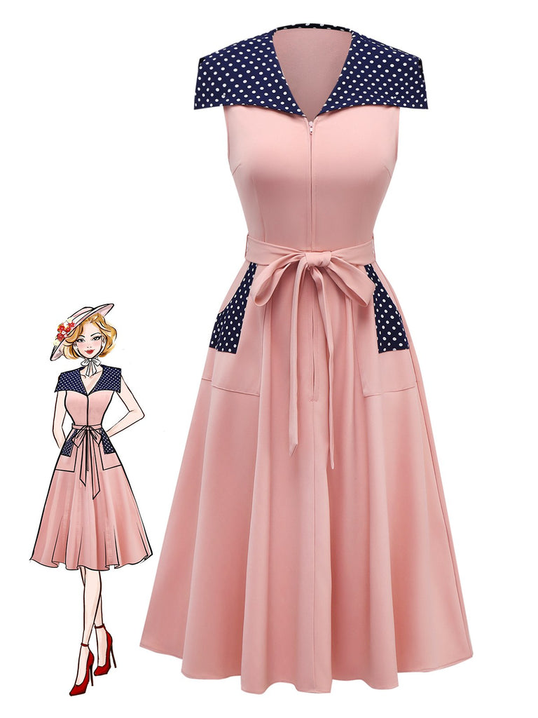[Vorverkauf] Rosa 1940er Matrosenkragen Polka Dot Gürtel Kleid