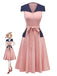 [Vorverkauf] Rosa 1940er Matrosenkragen Polka Dot Gürtel Kleid