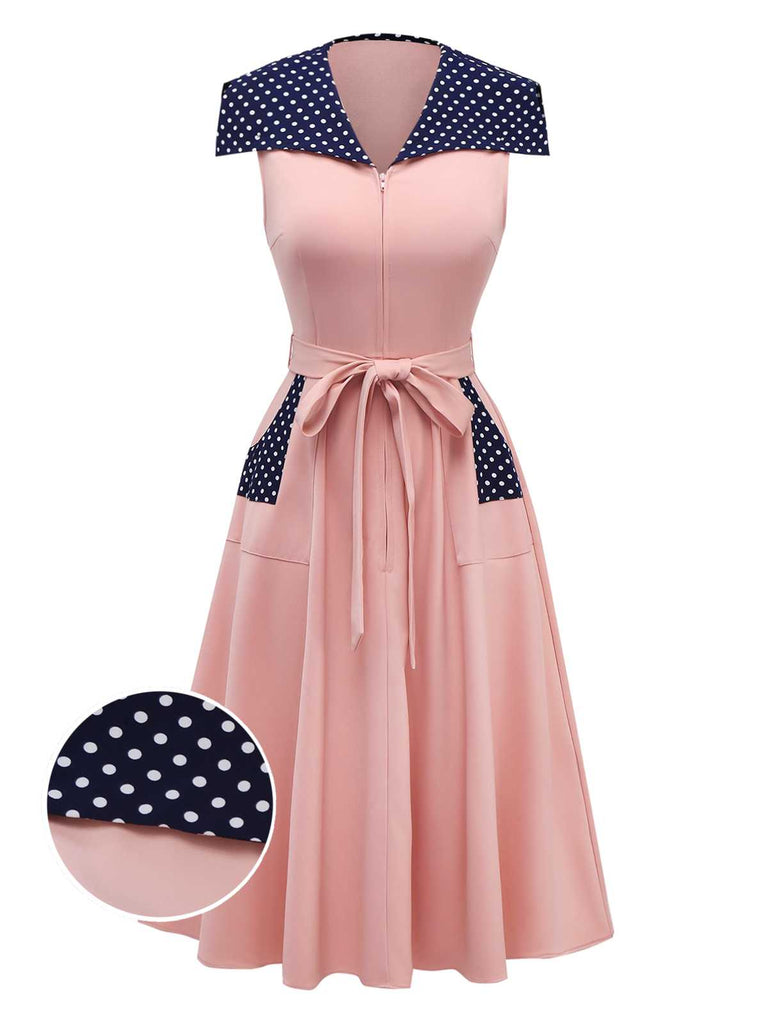 [Vorverkauf] Rosa 1940er Matrosenkragen Polka Dot Gürtel Kleid