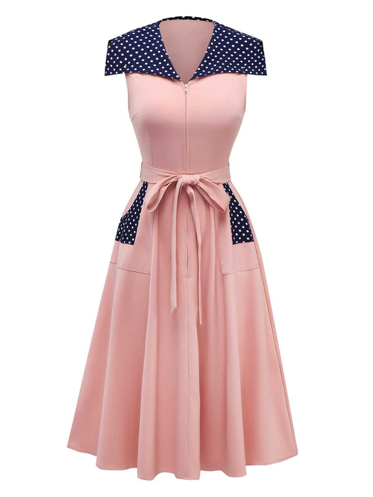 [Vorverkauf] Rosa 1940er Matrosenkragen Polka Dot Gürtel Kleid