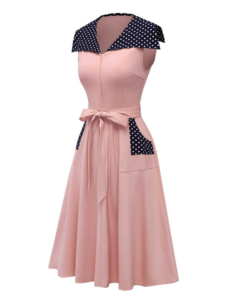 [Vorverkauf] Rosa 1940er Matrosenkragen Polka Dot Gürtel Kleid
