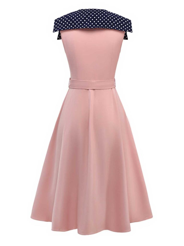 [Vorverkauf] Rosa 1940er Matrosenkragen Polka Dot Gürtel Kleid