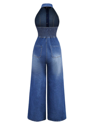 Blau 1930er Revers Ärmellos Weites Bein Denim Jumpsuit