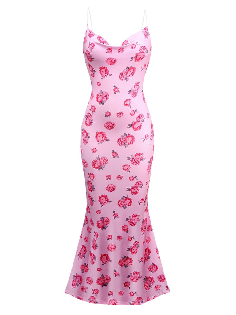 Rosa 1930er Rose Wasserfallausschnitt Fischschwanz Kleid
