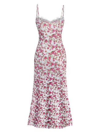 Weiß 1940er Kleine Blumen Rose Schlitz Slip Kleid