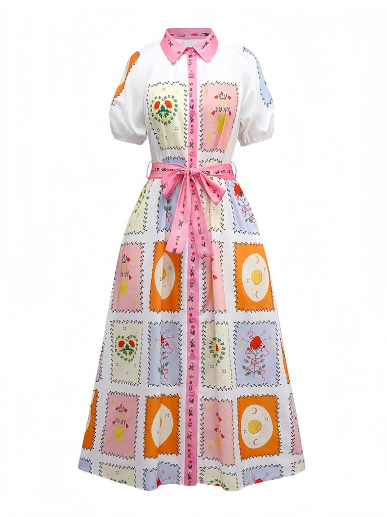 Multicolor 1930er Blumen Sonne Mond Gürtel Kleid