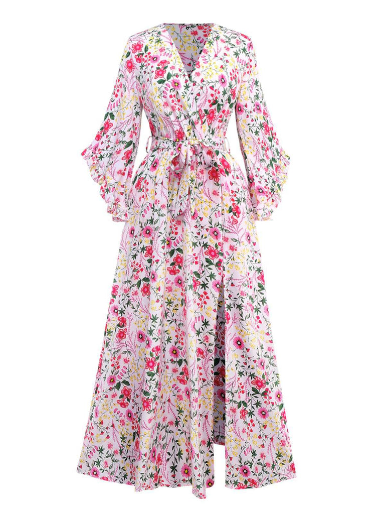 Rosa 1940er Volantärmel V-Ausschnitt Blumen Kleid