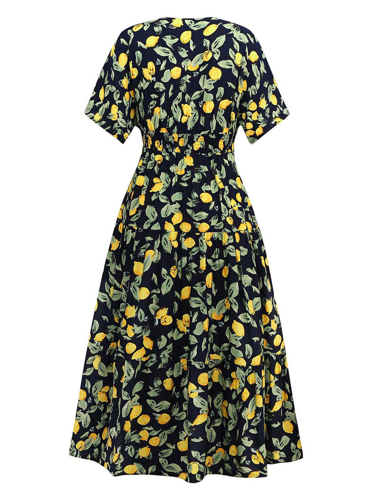 Gelb 1950er Zitrone V-Ausschnitt Gesmokt Chiffon Kleid