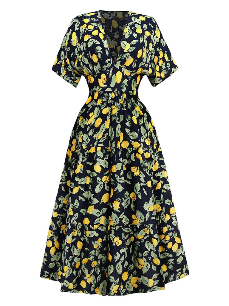 Gelb 1950er Zitrone V-Ausschnitt Gesmokt Chiffon Kleid