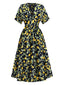 Gelb 1950er Zitrone V-Ausschnitt Gesmokt Chiffon Kleid