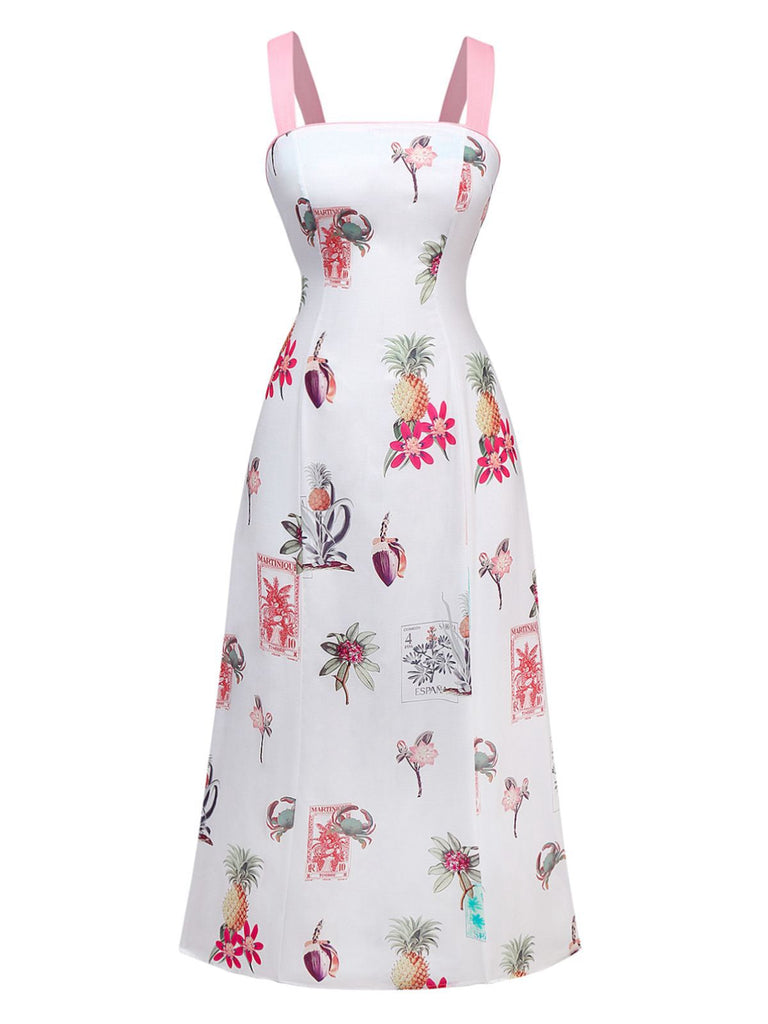 Rosa 1960er Tropisch Drucke Raffhalter Träger Kleid