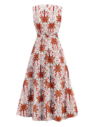 Rot 1970er Revers V-Ausschnitt Tropische Pflanzen Kleid