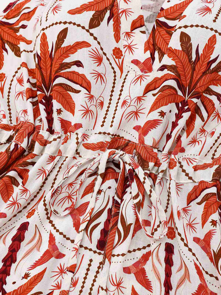 Rot 1970er Revers V-Ausschnitt Tropische Pflanzen Kleid