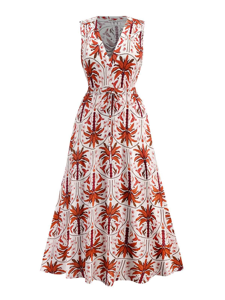 Rot 1970er Revers V-Ausschnitt Tropische Pflanzen Kleid