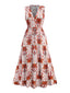 Rot 1970er Revers V-Ausschnitt Tropische Pflanzen Kleid