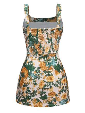 2PCS Gelb 1950er Blumen Breiter Träger Top & Mini Rock