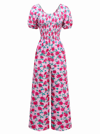 Rosa 1930er Rose Puffärmel Jumpsuit