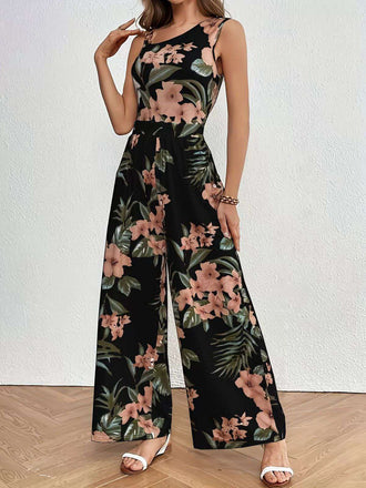 Schwarz 1930er Blumen Verlassen Asymmetrisch Ärmellos Jumpsuit