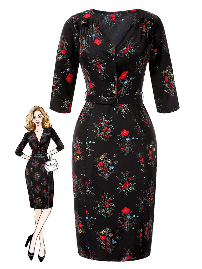 [Vorverkauf] Schwarz 1960er Dreiviertelärmel Blumen Bleistift Kleid
