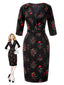 [Vorverkauf] Schwarz 1960er Dreiviertelärmel Blumen Bleistift Kleid