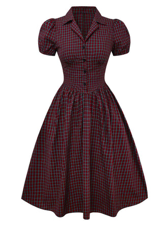 [Vorverkauf] Rot 1950er Plaid Revers Puffärmel Baumwolle Kleid