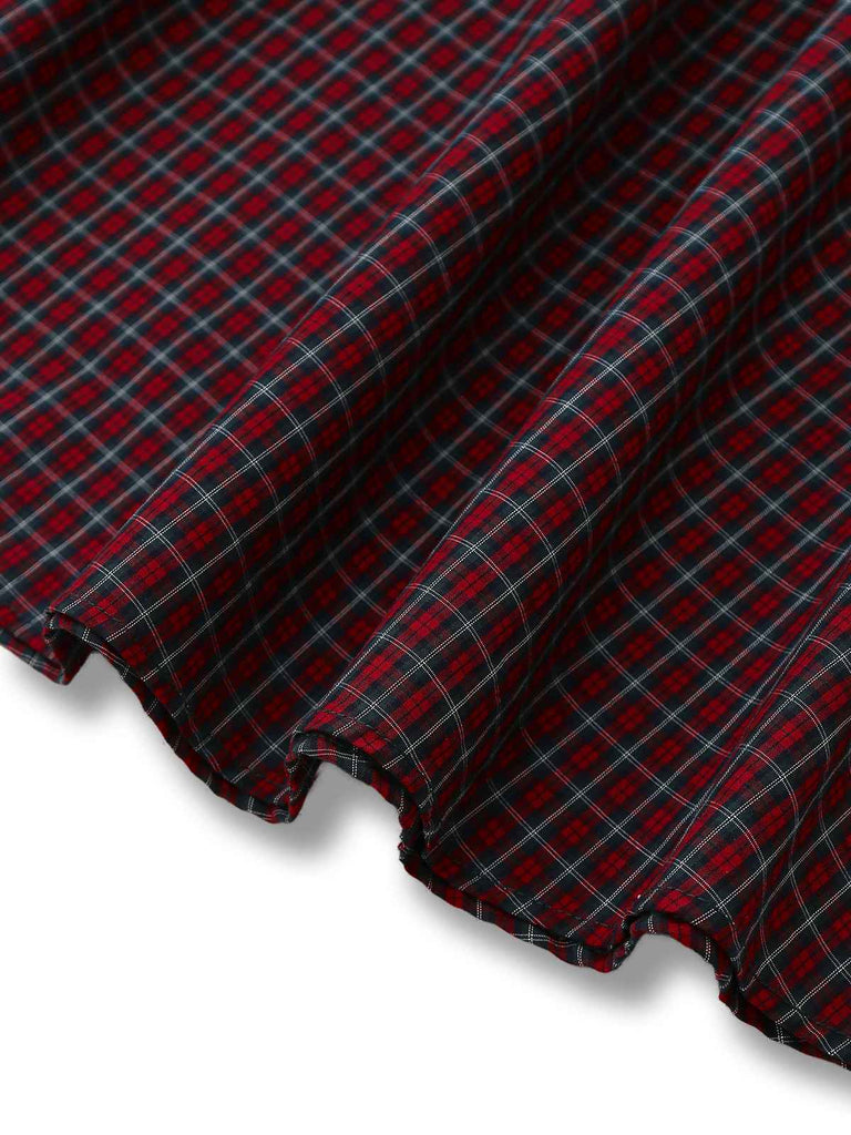 [Vorverkauf] Rot 1950er Plaid Revers Puffärmel Baumwolle Kleid