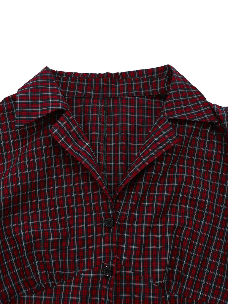 [Vorverkauf] Rot 1950er Plaid Revers Puffärmel Baumwolle Kleid