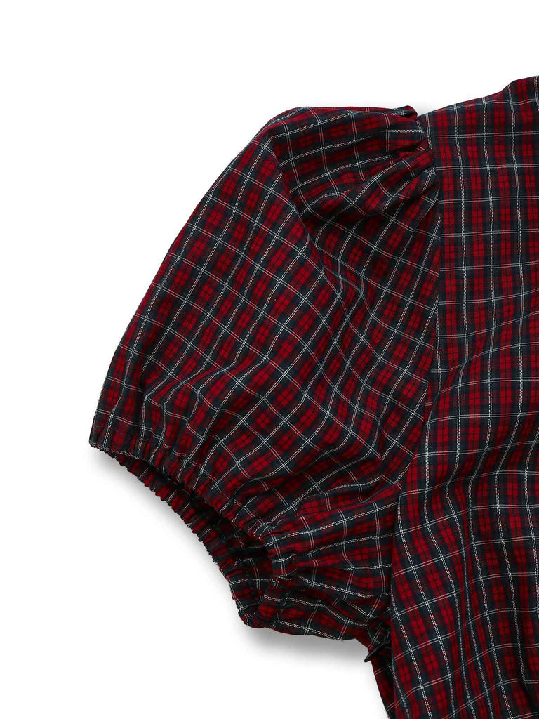[Vorverkauf] Rot 1950er Plaid Revers Puffärmel Baumwolle Kleid