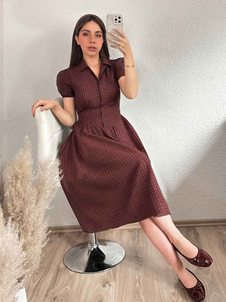 Rot 1950er Plaid Revers Puffärmel Baumwolle Kleid