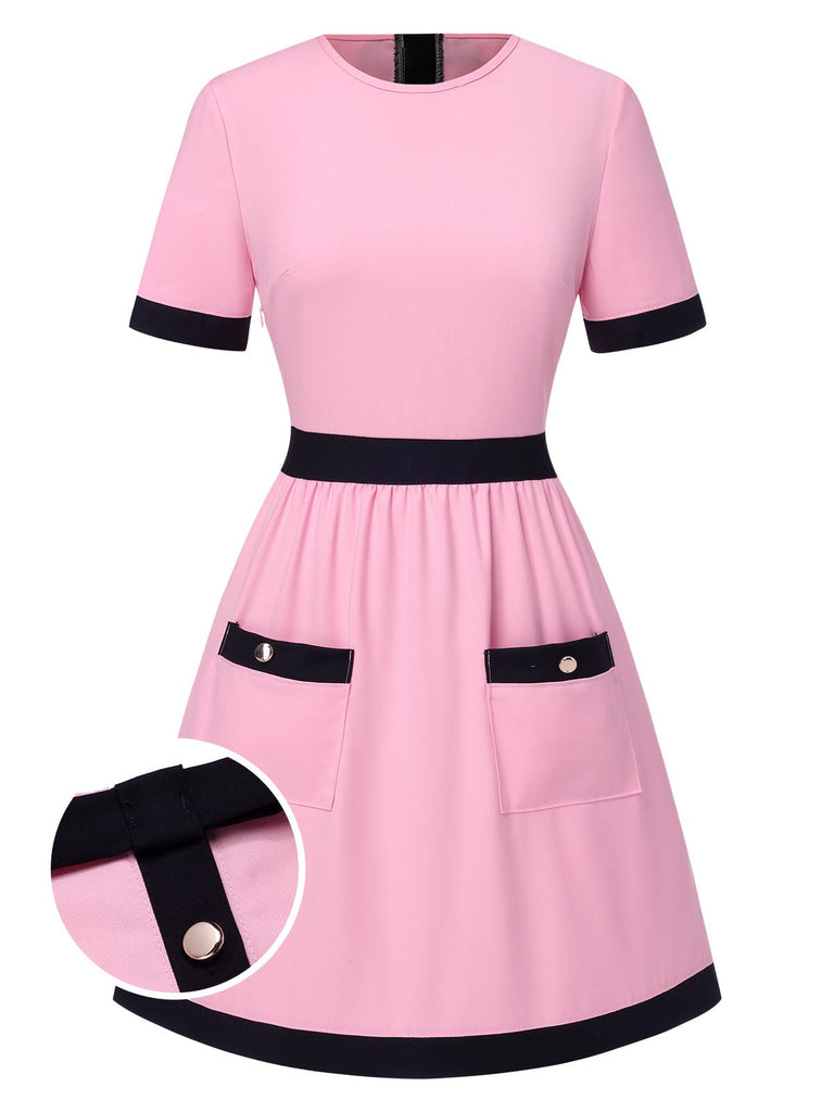 [Vorverkauf] Rosa 1960er Farbblock A-Linie Tasche Kleid