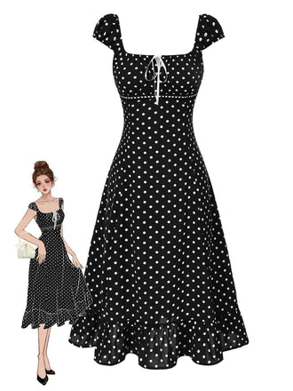 1940er Quadratischer Hals Polka Dot Rüschen Kleid