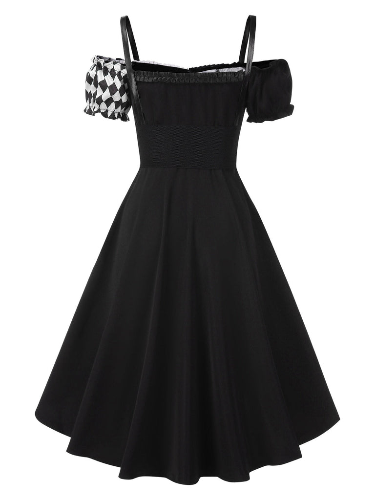 [Vorverkauf] Schwarz 1950er Halloween Check Kleid & Leder Korsett