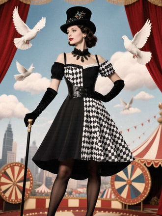 Schwarz 1950er Halloween Check Kleid & Leder Korsett