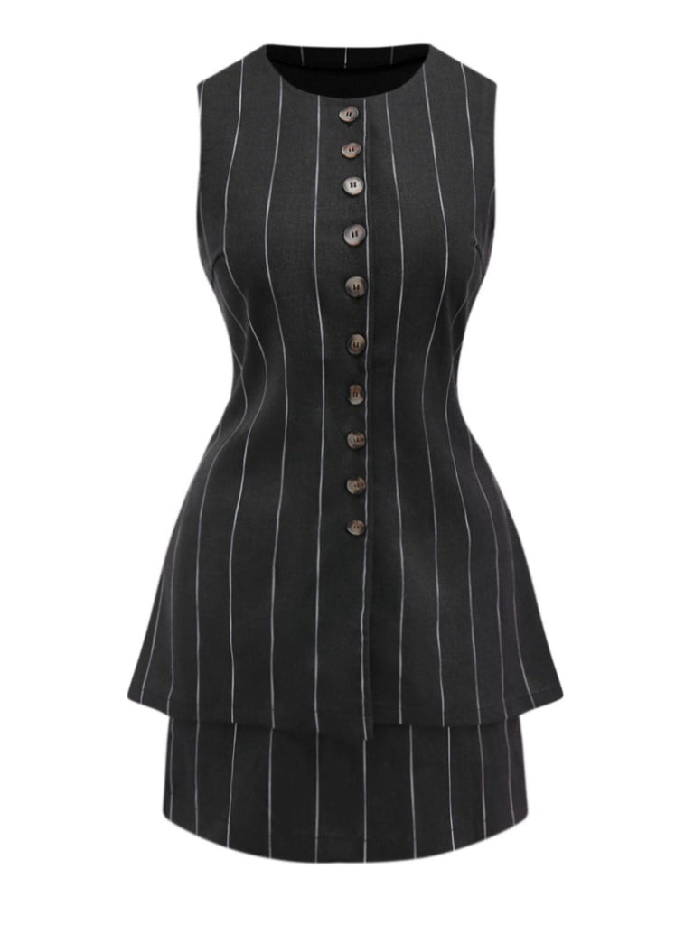 2PCS Schwarz 1960er Nadelstreifen Bleistift Rock Ärmellos Suit