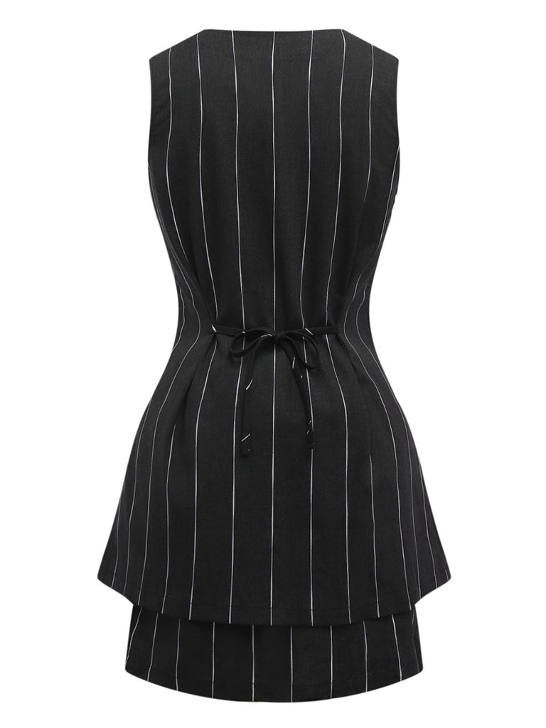 2PCS Schwarz 1960er Nadelstreifen Bleistift Rock Ärmellos Suit