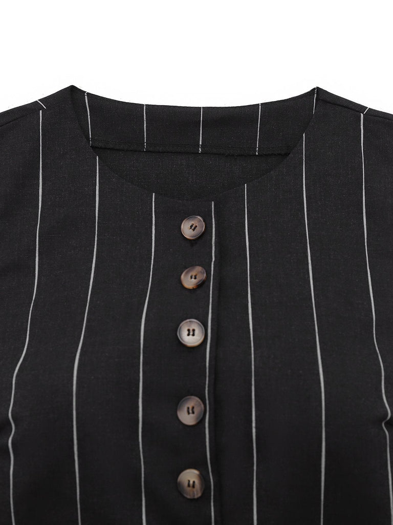 2PCS Schwarz 1960er Nadelstreifen Bleistift Rock Ärmellos Suit