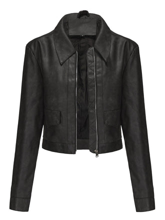 1950er Solide Revers Leder Langarm Jacke