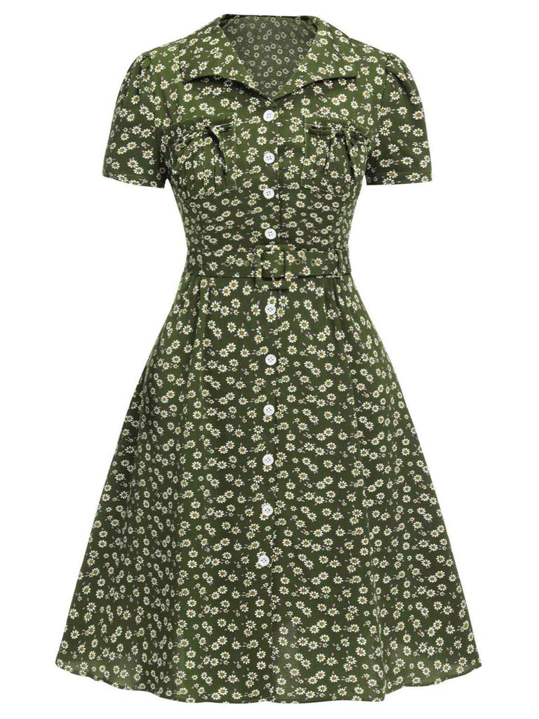 [Übergröße] Grün 1940er Revers Tasten Kleine Blumen Kleid